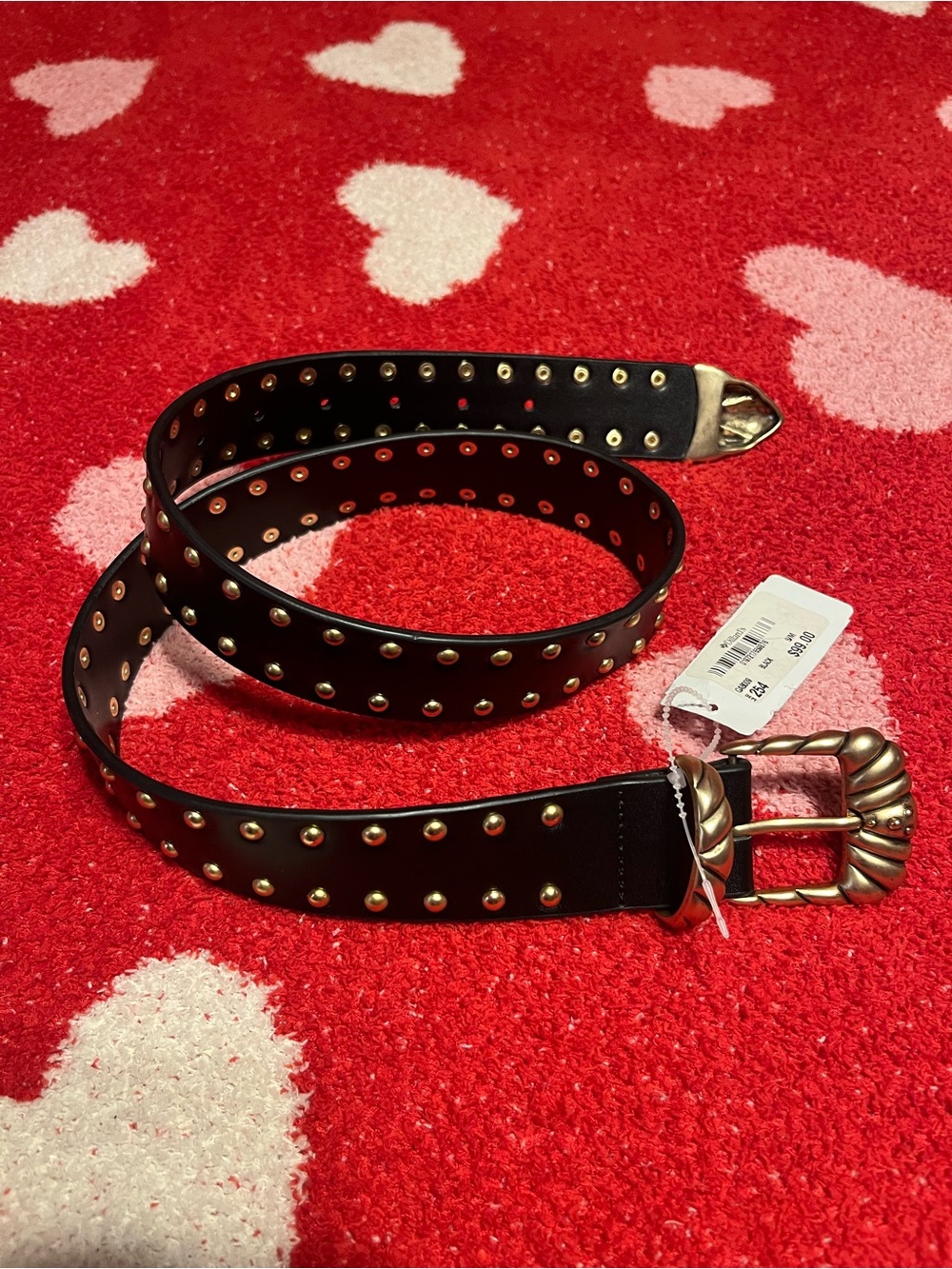 Black Studded Leather Belt with Decorative Gold Buckle - Women
